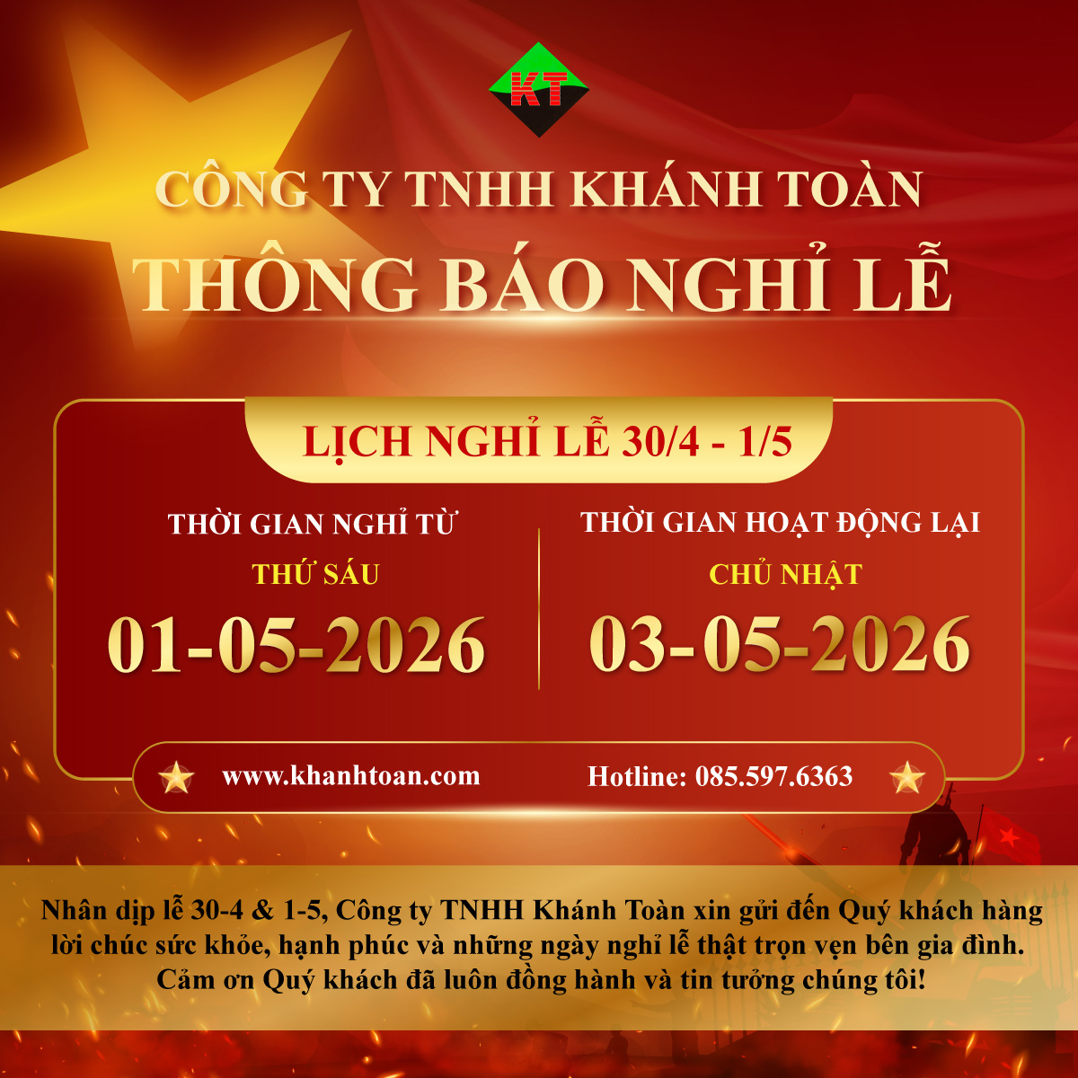 THÔNG BÁO LỊCH NGHỈ LỄ 30/4 - 1/5