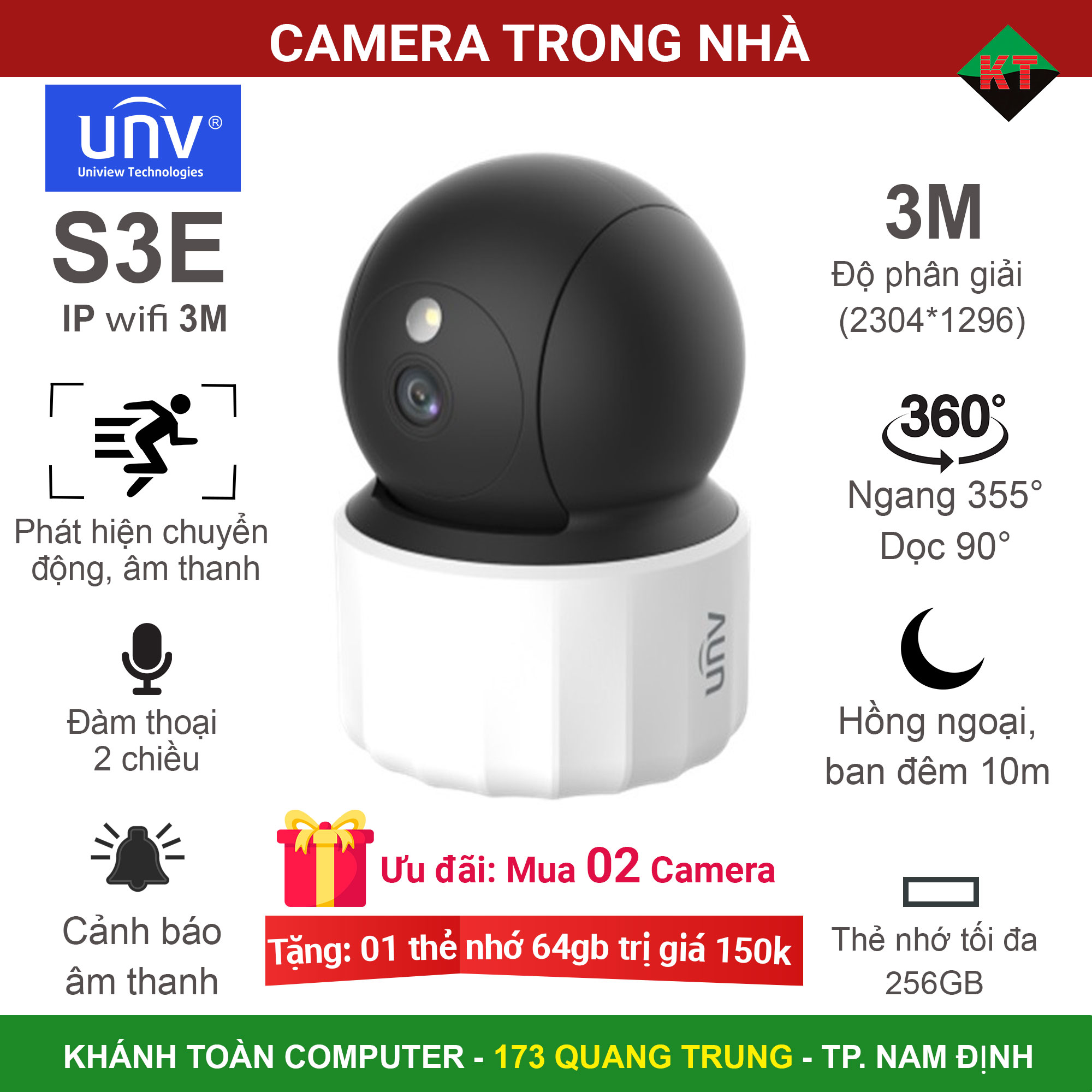 Camera trong nhà WIFI UNV S3E 3M (Quay quét - đàm thoại 2 chiều) IPC-S3E-M3 1