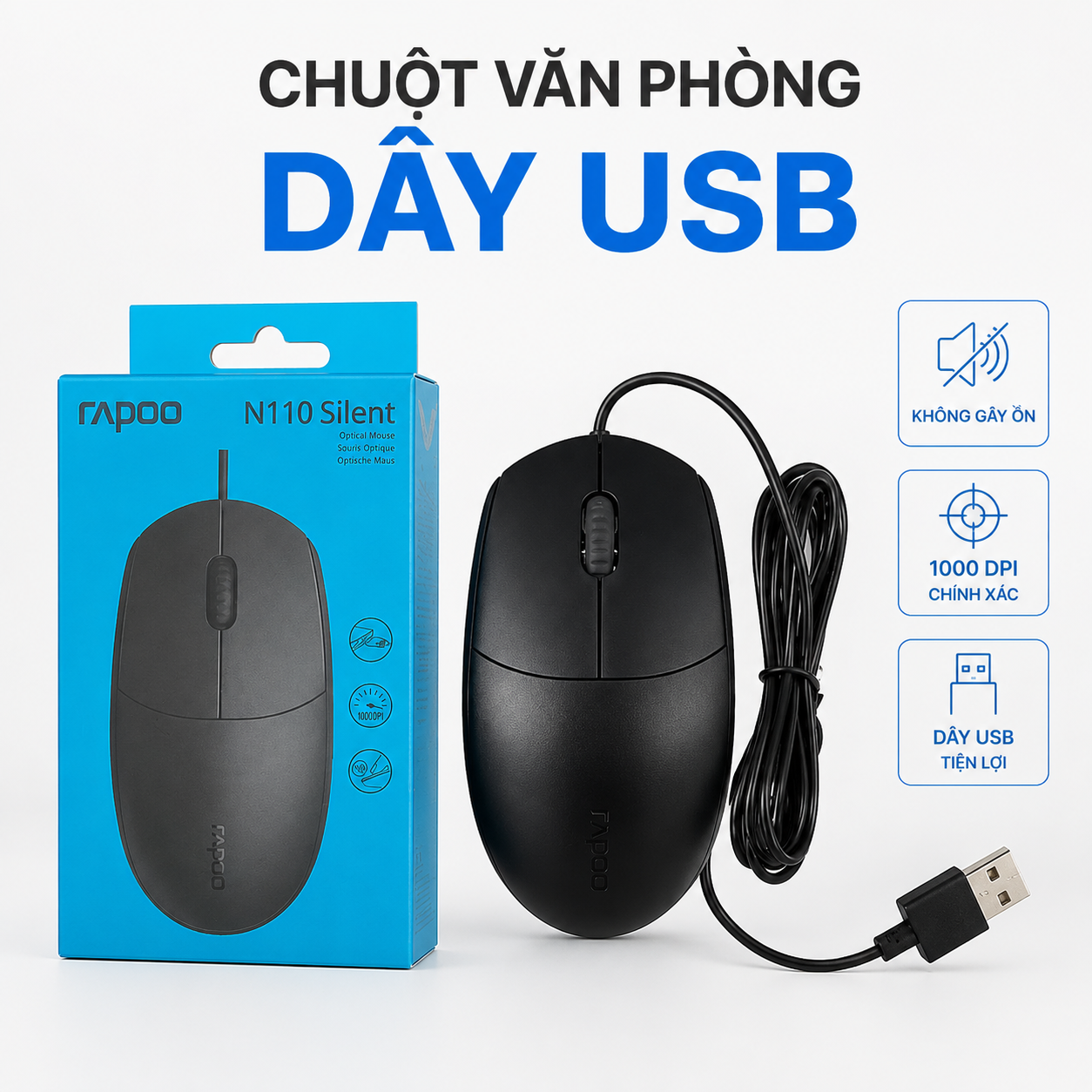 Chuột máy tính Rapoo N110 Silent Black có dây 1