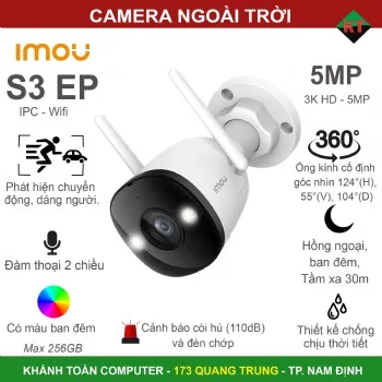 Camera ngoài trời Imou S3EP 5MP thân cố định công nghệ mới AI , Full color ( Wifi IPC-S3EP-5M0WE )