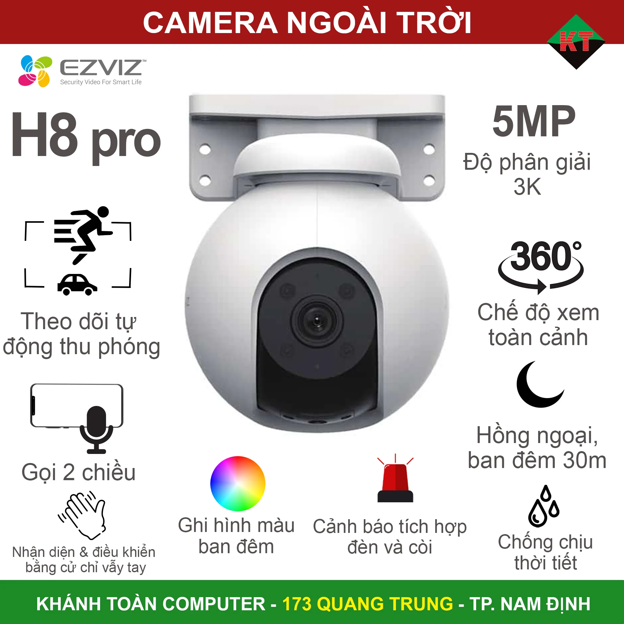 Camera Wifi Ezviz H8 Pro 3K 5MP Xoay 360 màu ban đêm