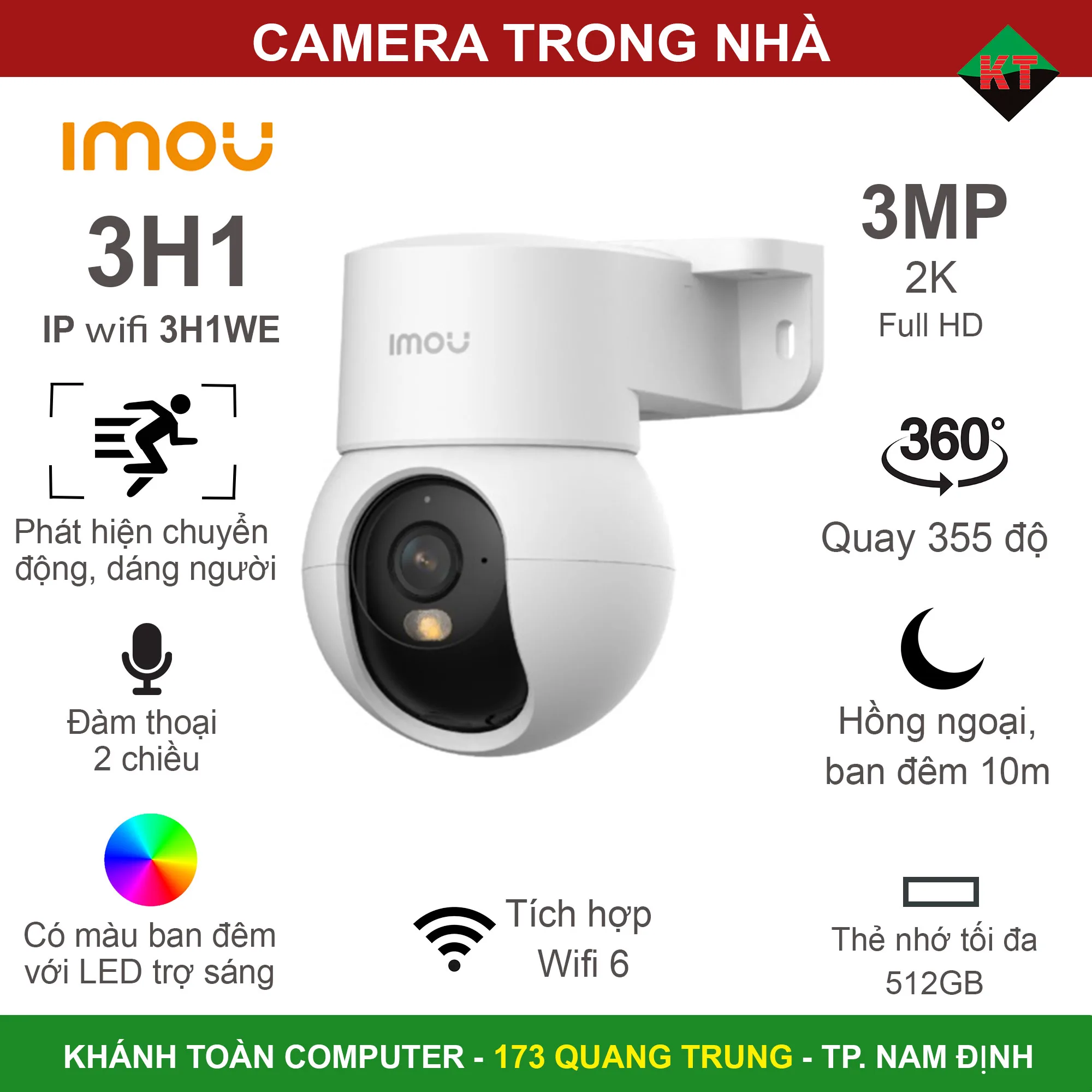 Camera Imou 3H1 2K 3M Ranger Mini IPC-K2MP-3H1WE - Quay quét 355° - Đàm thoại 2 chiều - IP Wifi