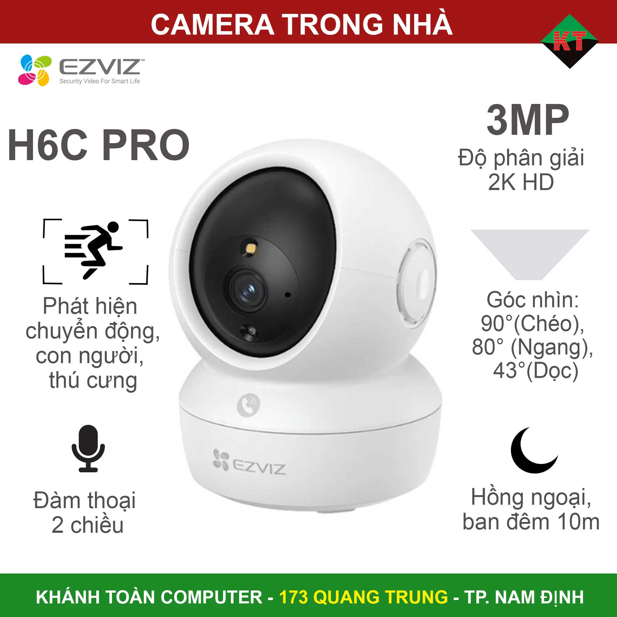 Camera H6C Pro 3MP quay quét ngày đêm đàm thoại 2 chiều (phát hiện chuyển động, con người)