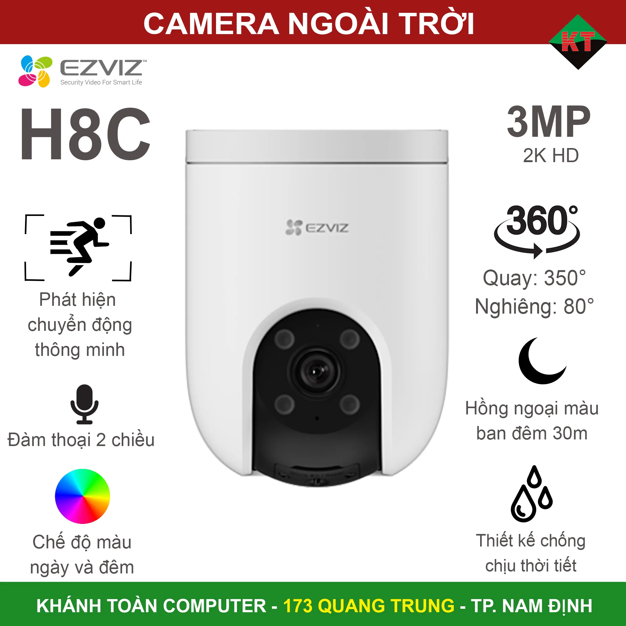 Camera Ezviz H8C 3MP quay quét 360 độ ngoài trời, đàm thoại 2 chiều