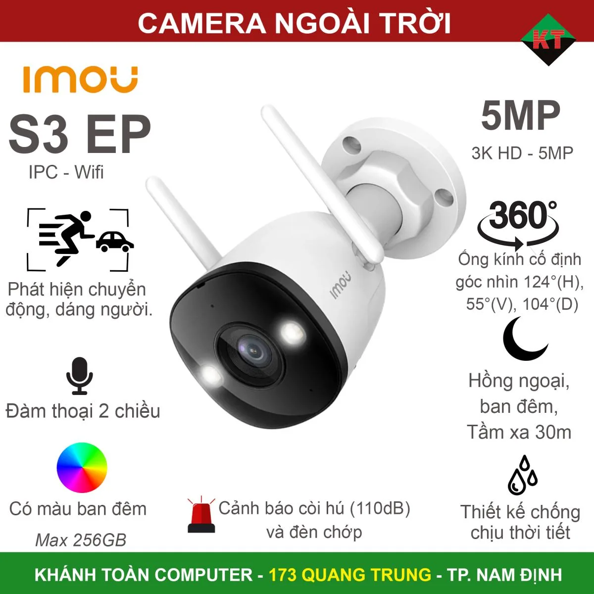 Camera ngoài trời Imou S3EP 5MP thân cố định công nghệ mới AI , Full color ( Wifi IPC-S3EP-5M0WE )
