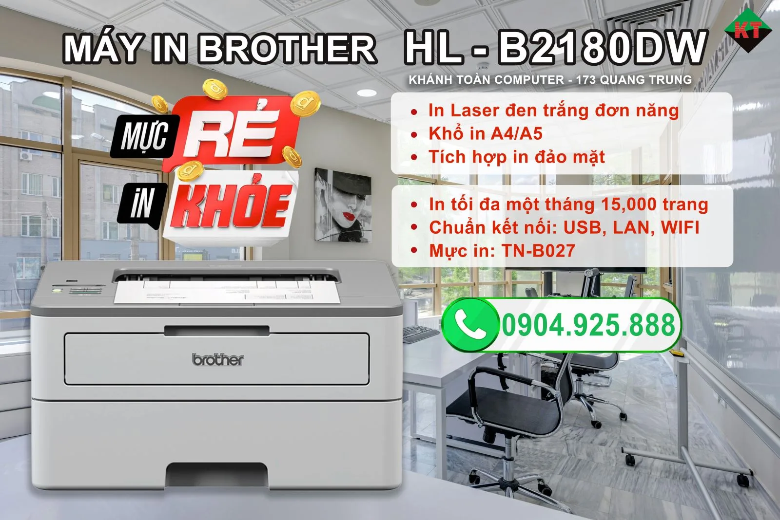 Máy in đen trắng Brother HL-B2180DW ( máy in đơn năng )